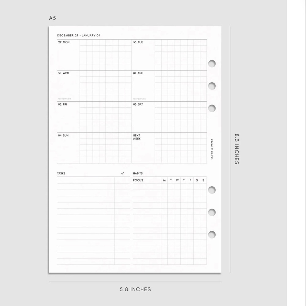Cloth & Paper 2026 Dated Weekly Admin Planner Insert A5 6 ring punch